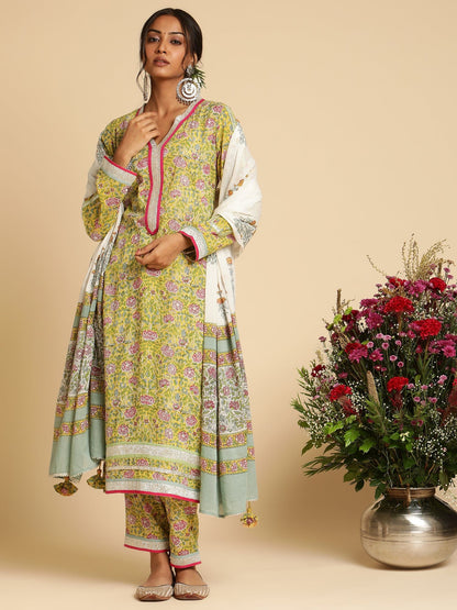 Yellow Rose Jaal Organic Cotton Hand Block Printed Kurta - (3 Pcs Set)