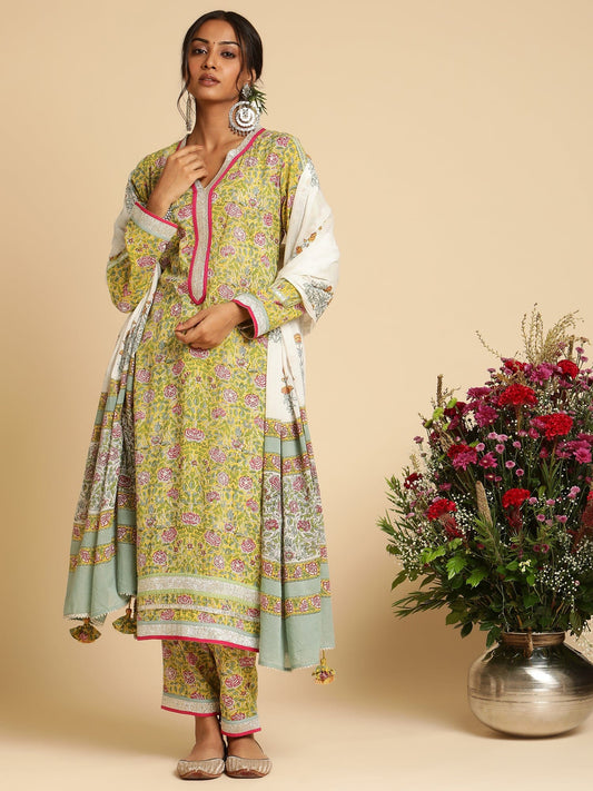 Yellow Rose Jaal Organic Cotton Hand Block Printed Kurta - (3 Pcs Set)