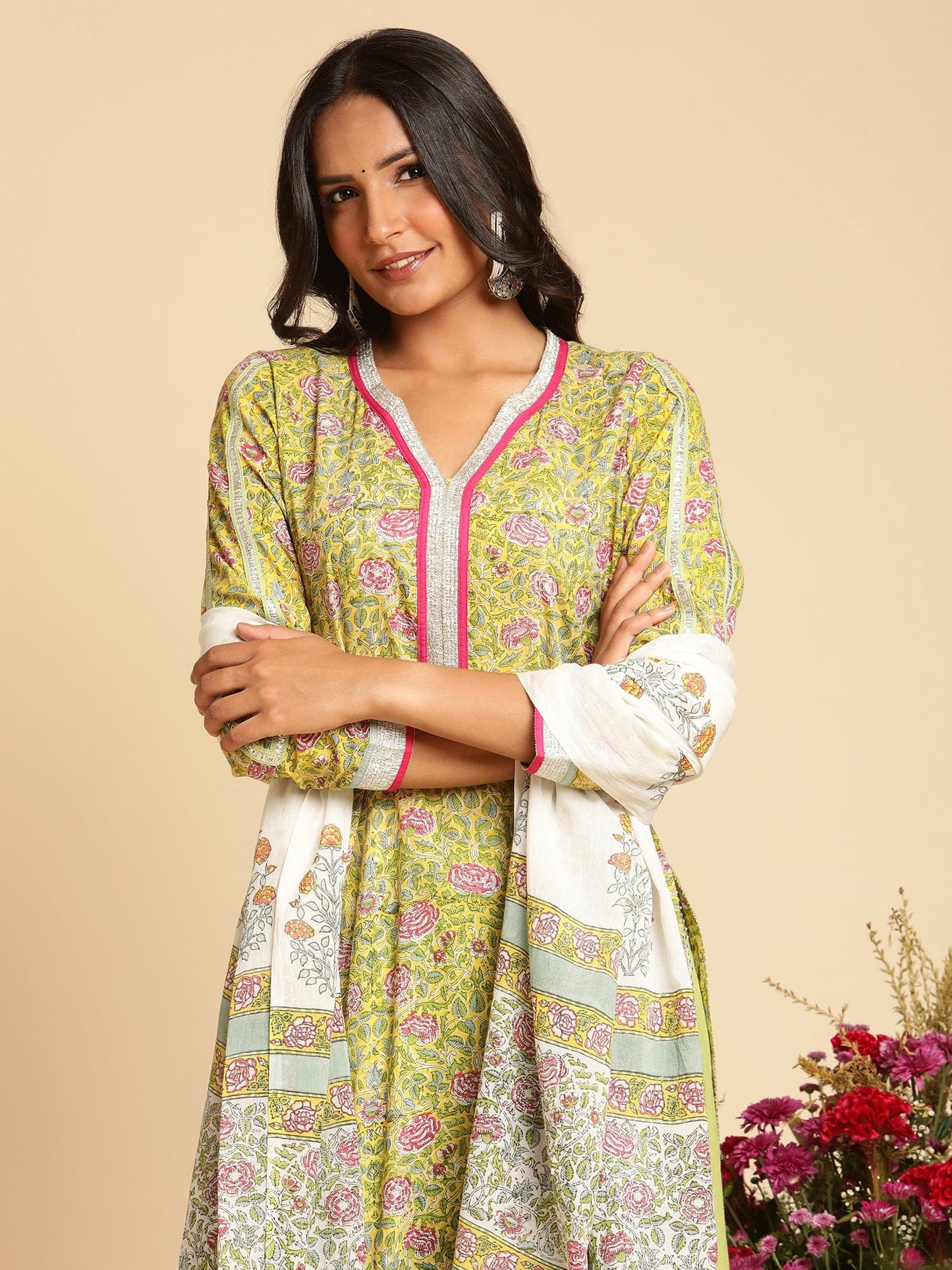 Yellow Rose Jaal Organic Cotton Hand Block Printed Kurta - (3 Pcs Set)