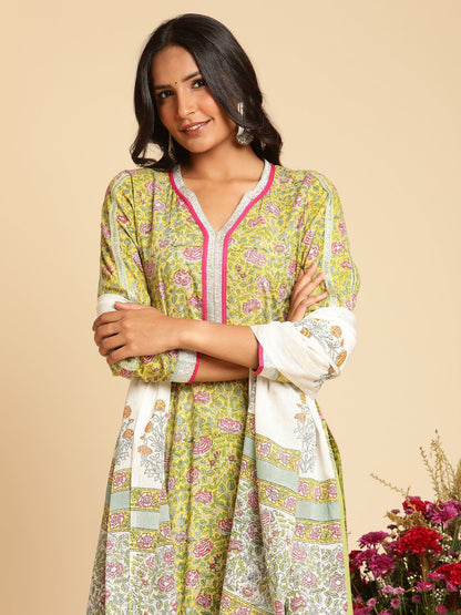Yellow Rose Jaal Organic Cotton Hand Block Printed Kurta - (3 Pcs Set)