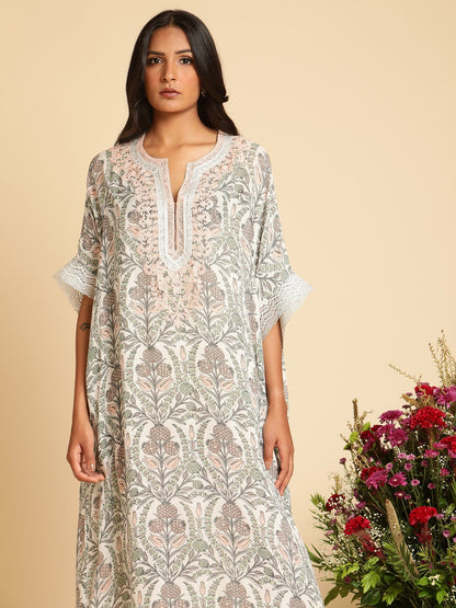 Blush Pink Anaar Jaal Cotton Silk Hand Block Printed Kaftan
