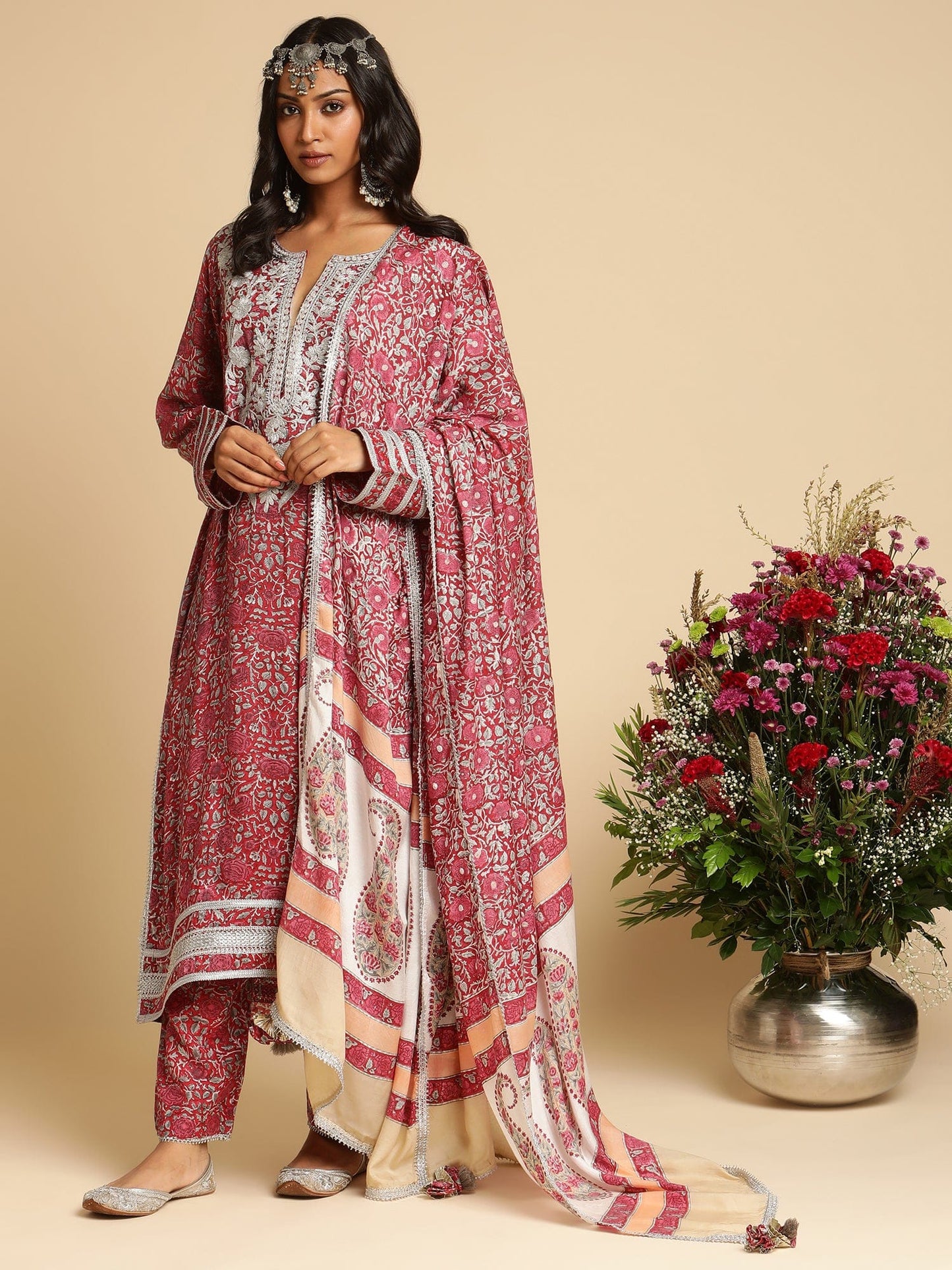 Red Rose Jaal Embroidered Cotton Silk Hand Block Printed Kurta  - (3 Pcs Set)