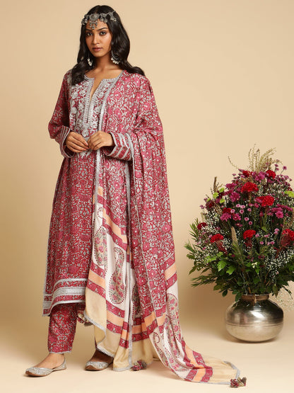 Red Rose Jaal Embroidered Cotton Silk Hand Block Printed Kurta  - (3 Pcs Set)