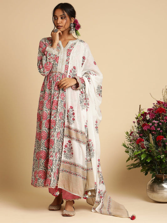 Fuchsia Marigold Anarkali Organic Cotton Hand Block Printed Kurta - (3 Pcs Set)