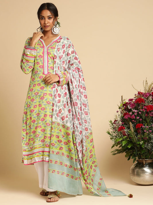 Lime Peony Organic Cotton Hand Block Printed Kurta - (3 Pcs Set)