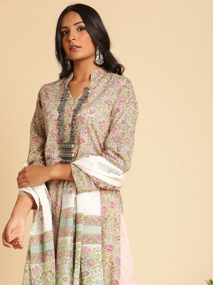 Pink Rose Jaal Lace Organic Cotton Hand Block Printed Kurta - (3 Pcs Set)