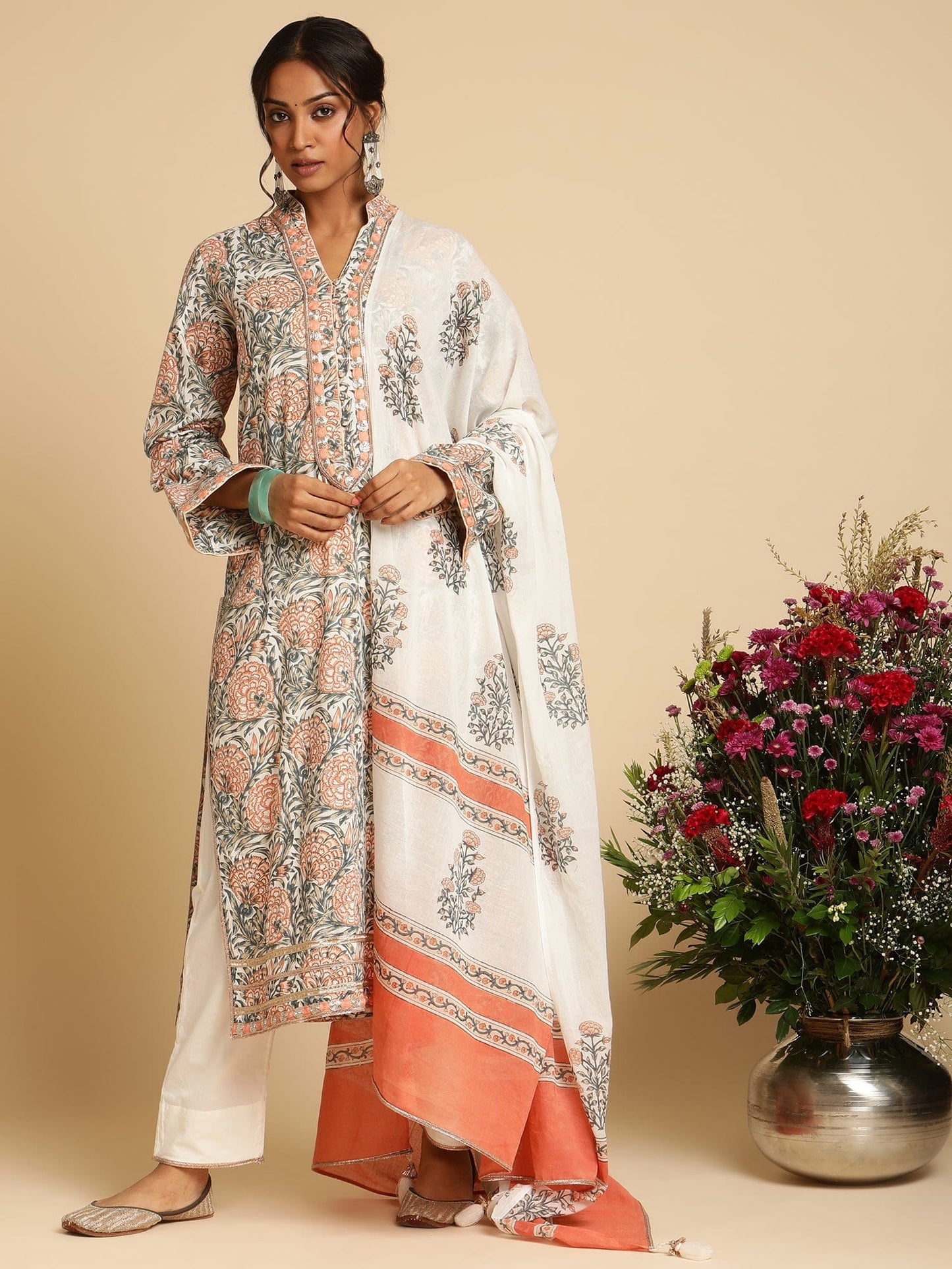 Peach Marigold Organic Cotton Hand Block Printed Kurta - (3 Pcs Set)