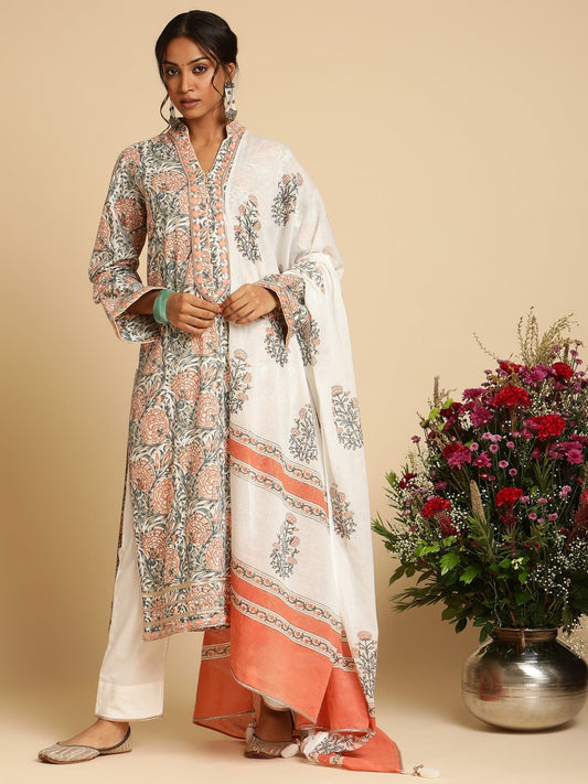 Peach Marigold Organic Cotton Hand Block Printed Kurta - (3 Pcs Set)
