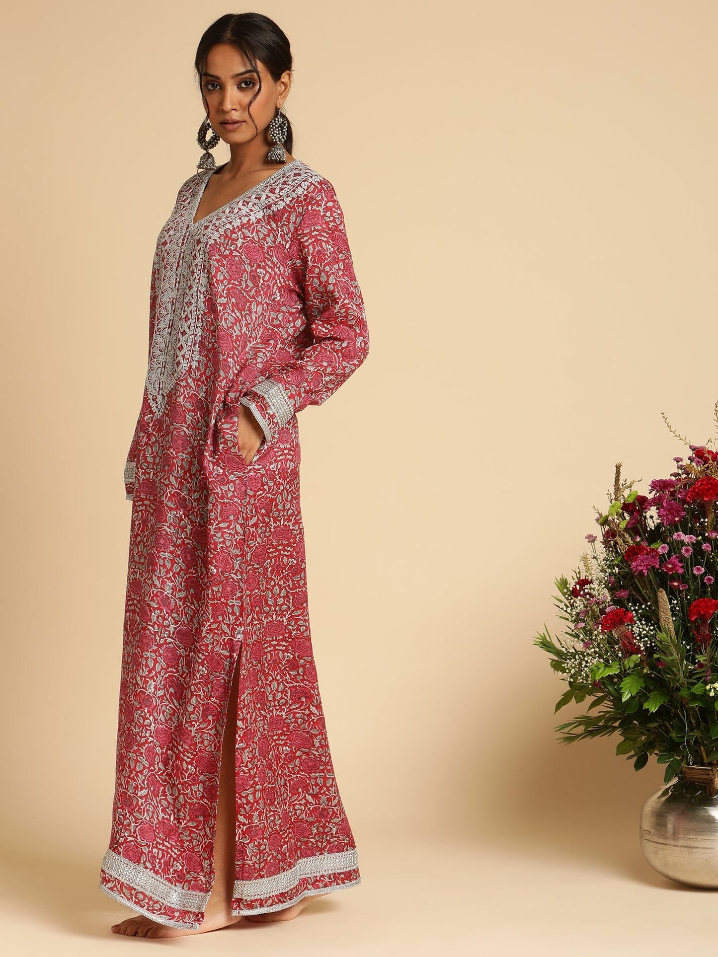 Red Rose Jaal Cotton Silk Hand Block Printed Kaftan