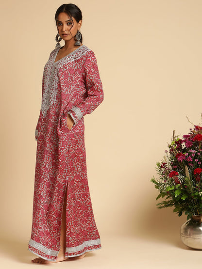 Red Rose Jaal Cotton Silk Hand Block Printed Kaftan