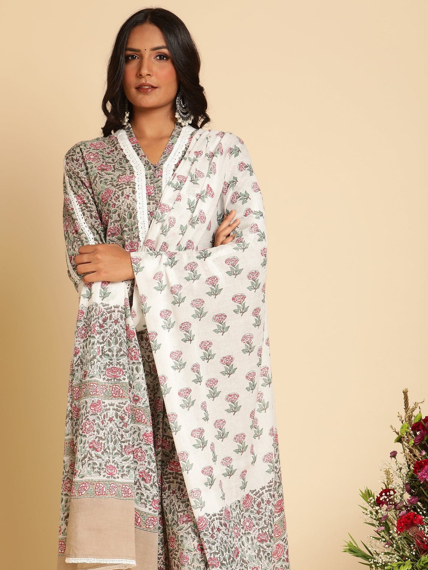 Taupe Rose Jaal Lace Cotton Hand Block Printed Kurta  - (3 Pcs Set)