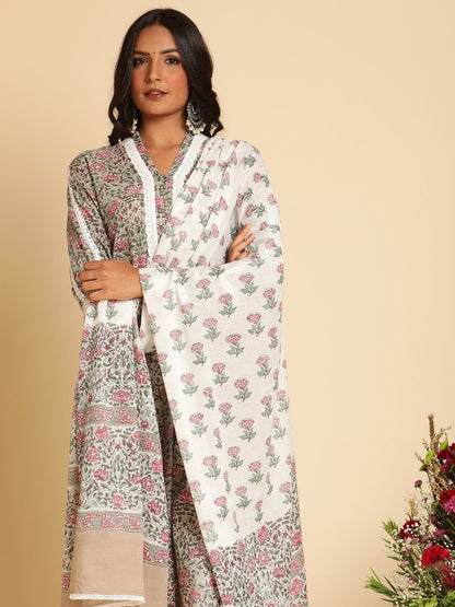 Taupe Rose Jaal Lace Cotton Hand Block Printed Kurta  - (3 Pcs Set)