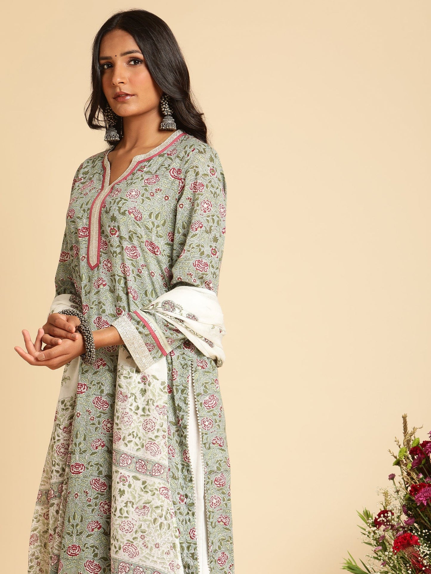 Slate Rose Jaal Organic Cotton Hand Block Printed Kurta - (3 Pcs Set)