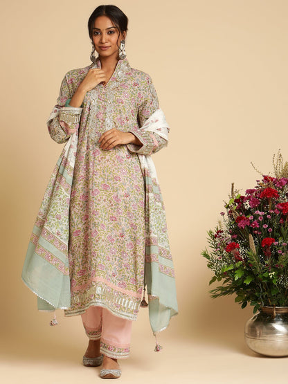 Pink Rose Jaal Gota Organic Cotton Hand Block Printed Kurta - (3 Pcs Set)