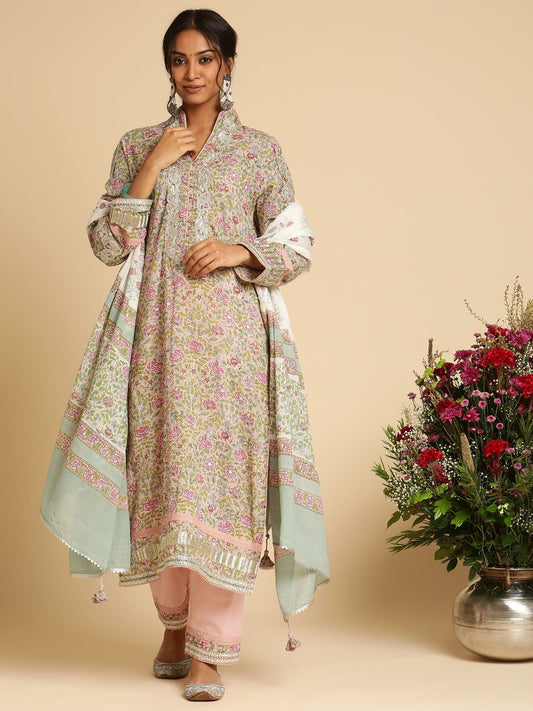 Pink Rose Jaal Gota Organic Cotton Hand Block Printed Kurta - (3 Pcs Set)