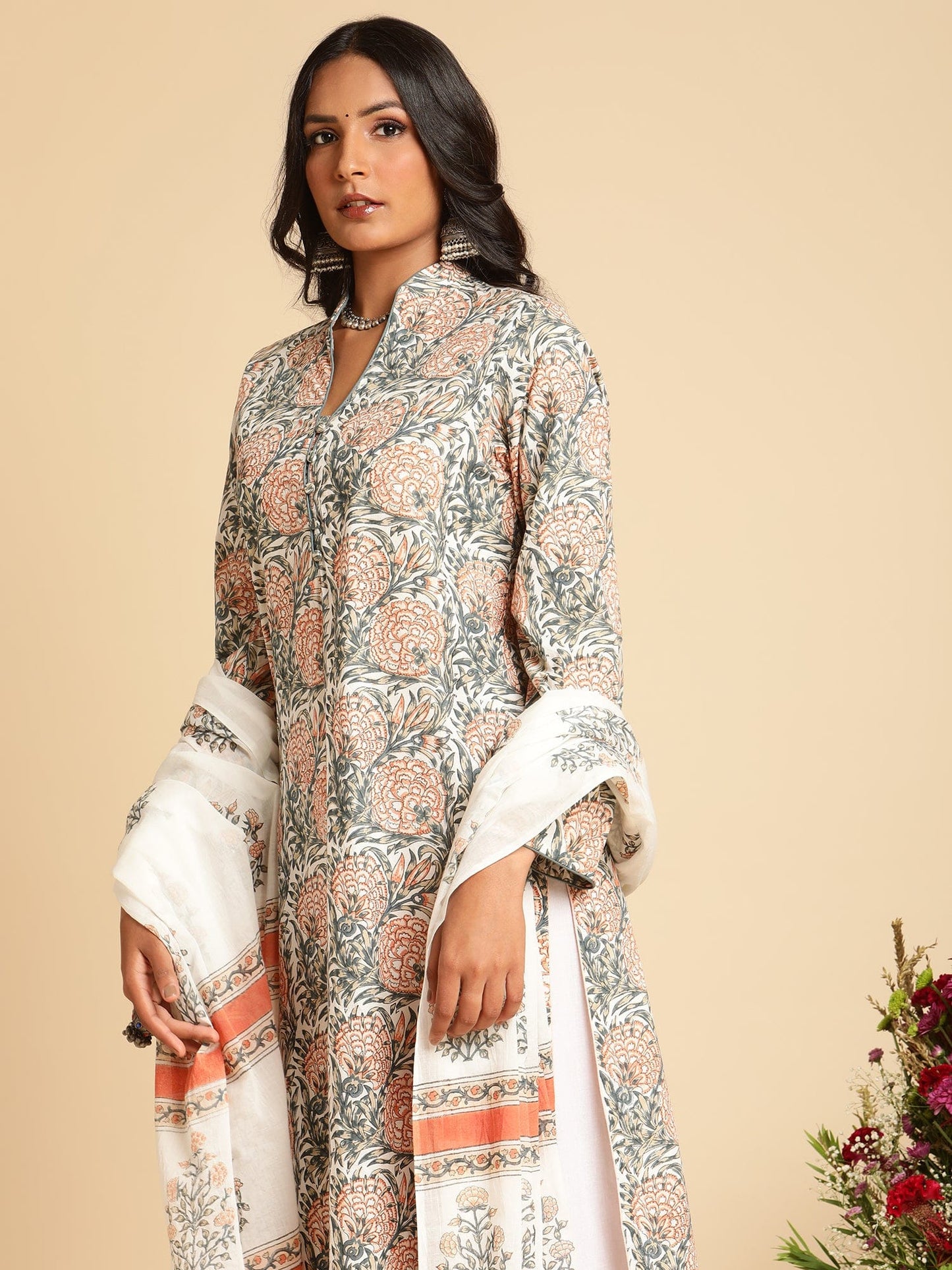 Peach Marigold Organic Cotton Hand Block Printed Kurta - (3 Pcs Set)