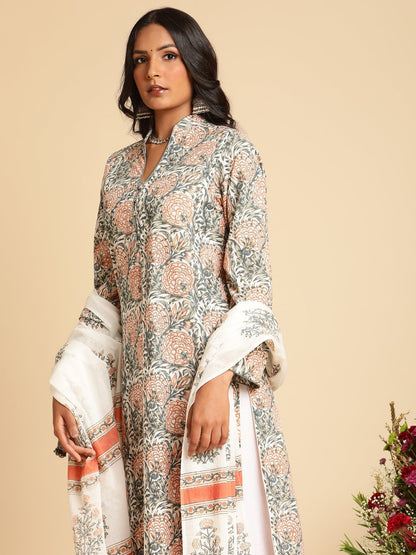 Peach Marigold Organic Cotton Hand Block Printed Kurta - (3 Pcs Set)