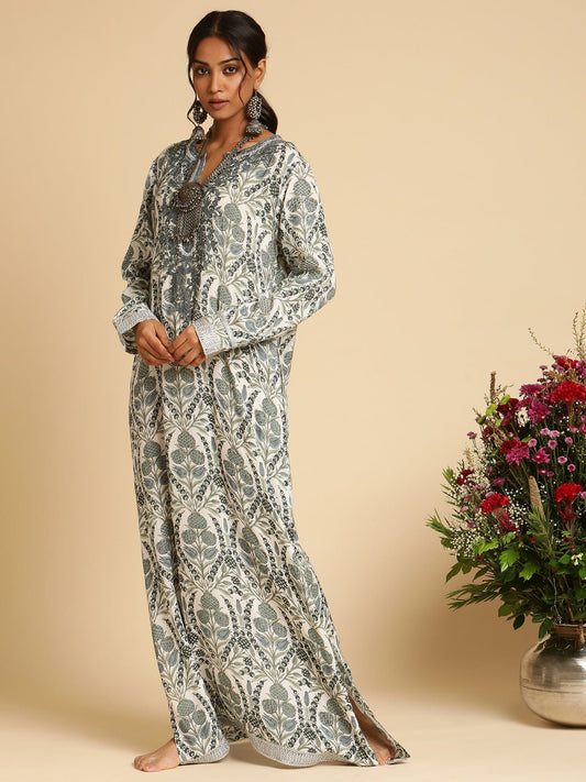 Indigo Blue Anaar Jaal Cotton Silk Hand Block Printed Kaftan