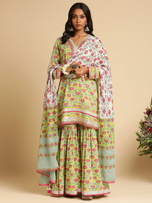 Lime Peony Organic Cotton Hand Block Printed Sharara- (3 Pcs Set)
