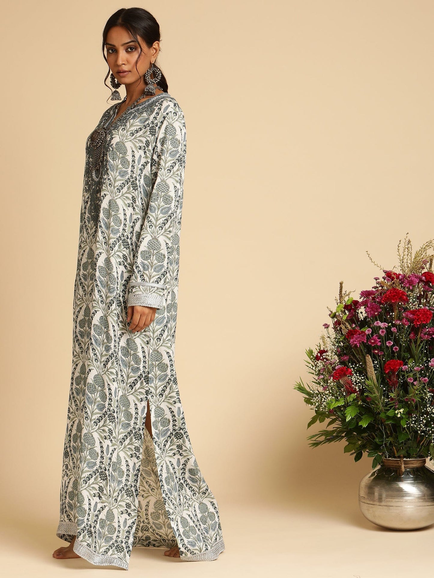 Indigo Blue Anaar Jaal Cotton Silk Hand Block Printed Kaftan