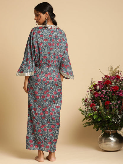 Indigo Blue Rose Jaal Cotton Silk Hand Block Printed Kaftan Dress
