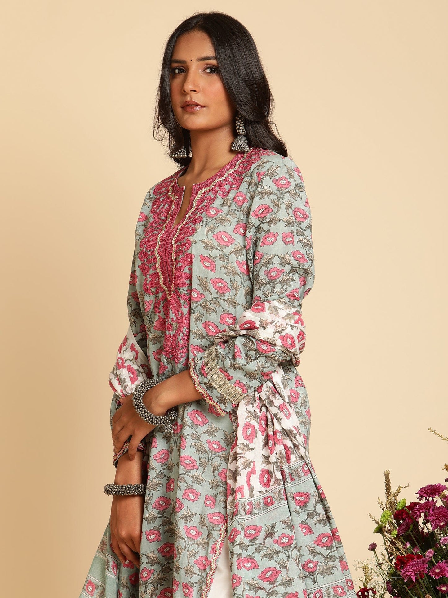 Slate Peony Embroidered Organic Cotton Hand Block Printed Kurta - (3 Pcs Set)