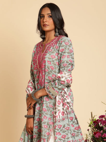Slate Peony Embroidered Organic Cotton Hand Block Printed Kurta - (3 Pcs Set)