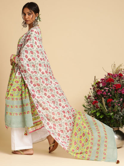 Lime Peony Organic Cotton Hand Block Printed Kurta - (3 Pcs Set)