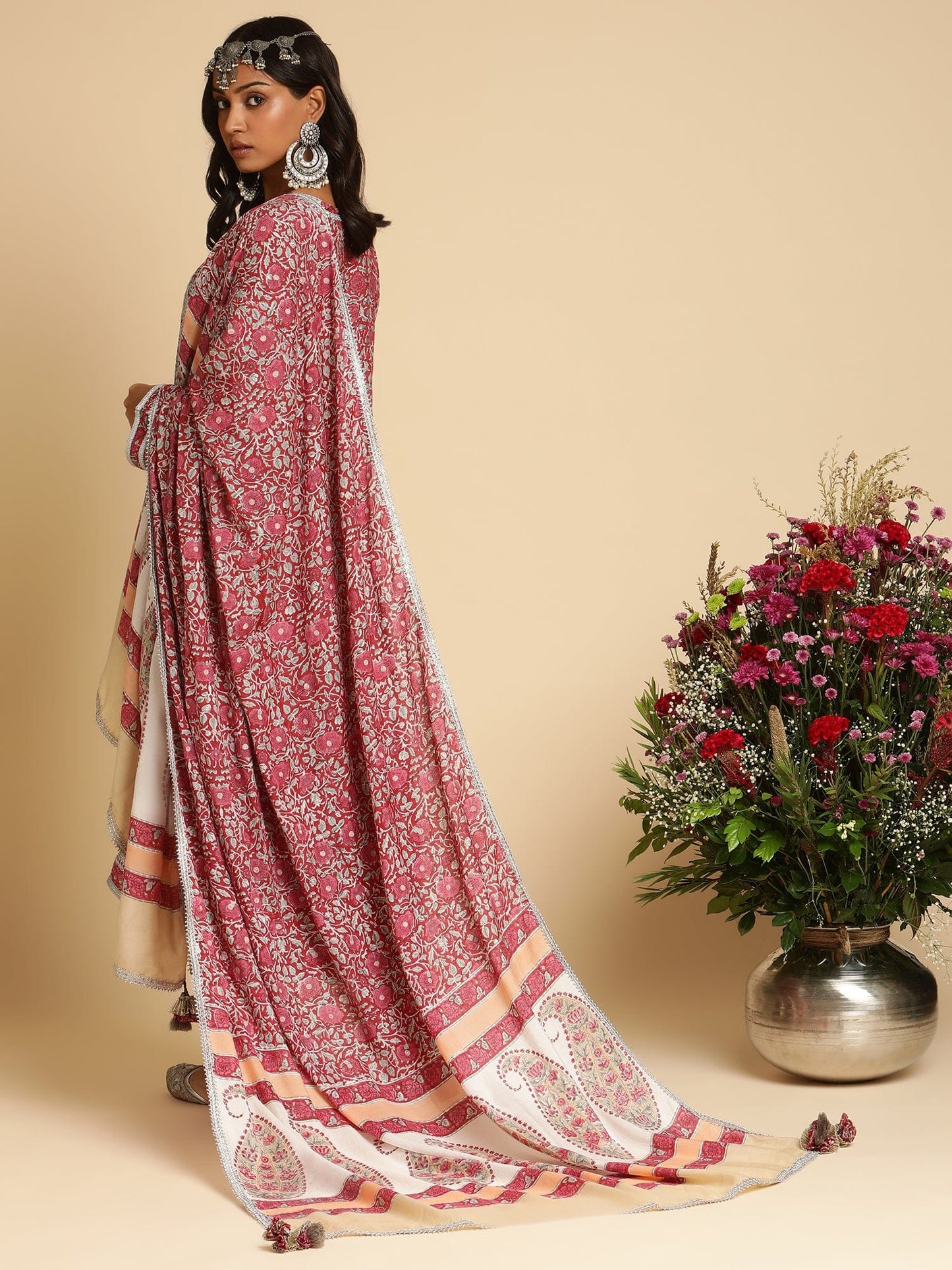 Red Rose Jaal Embroidered Cotton Silk Hand Block Printed Kurta  - (3 Pcs Set)