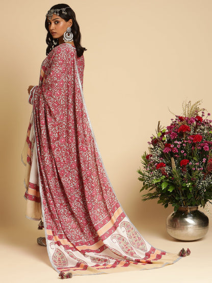 Red Rose Jaal Embroidered Cotton Silk Hand Block Printed Kurta  - (3 Pcs Set)