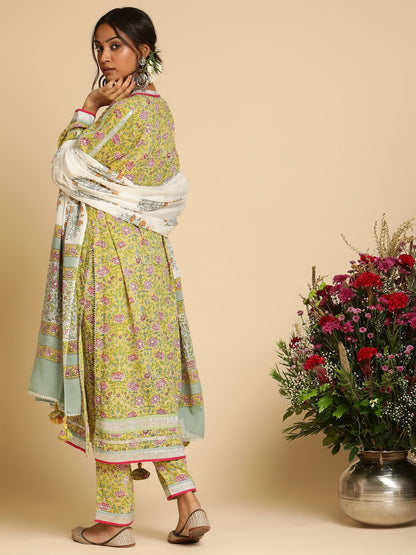 Yellow Rose Jaal Organic Cotton Hand Block Printed Kurta - (3 Pcs Set)