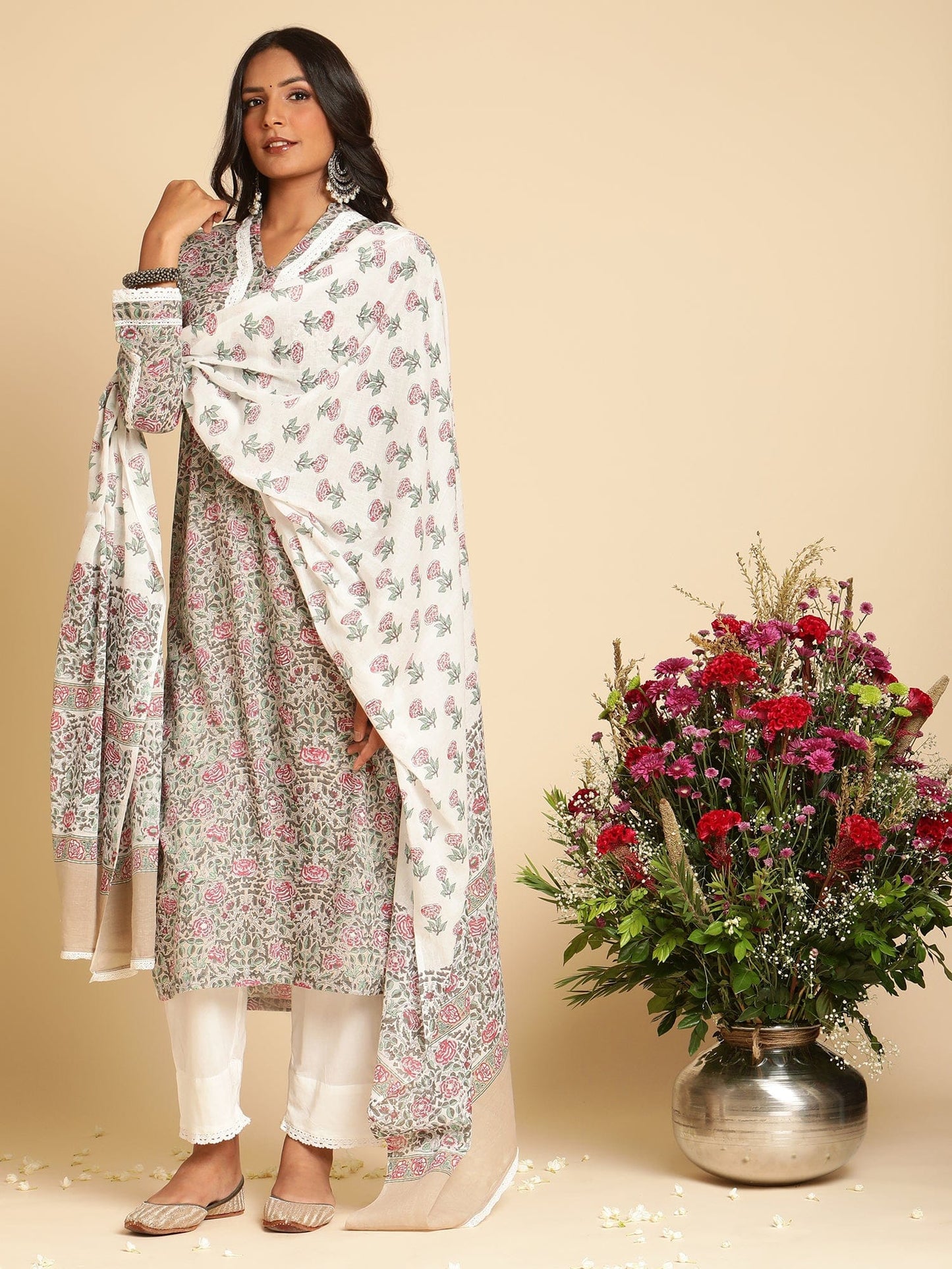 Taupe Rose Jaal Lace Cotton Hand Block Printed Kurta  - (3 Pcs Set)