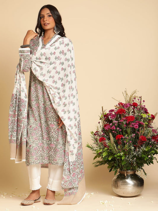 Taupe Rose Jaal Lace Cotton Hand Block Printed Kurta  - (3 Pcs Set)