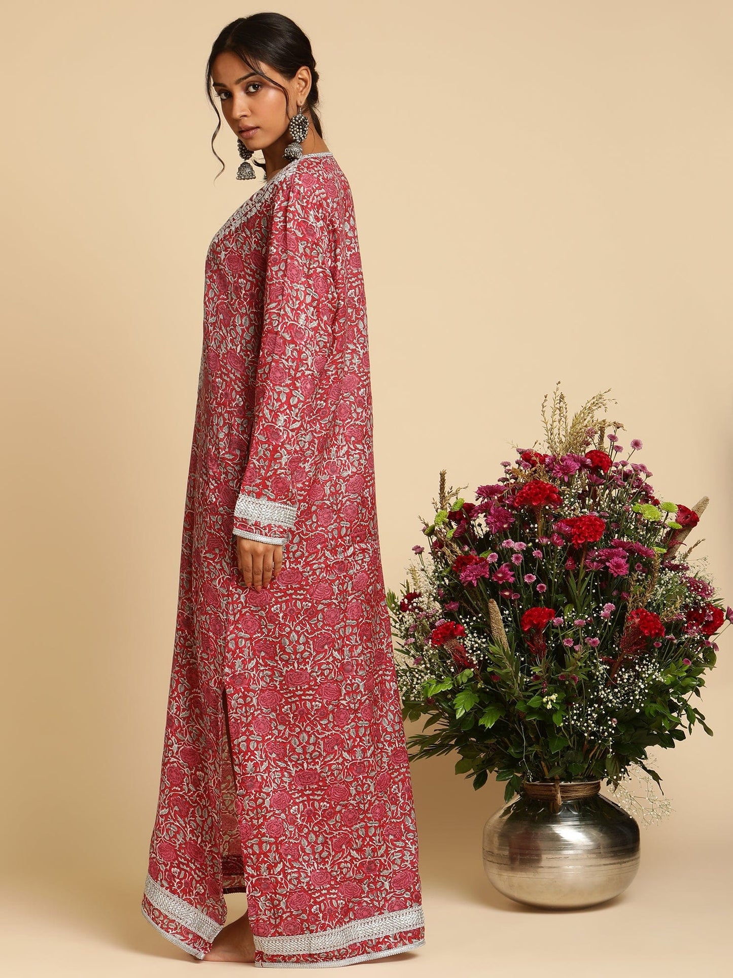 Red Rose Jaal Cotton Silk Hand Block Printed Kaftan