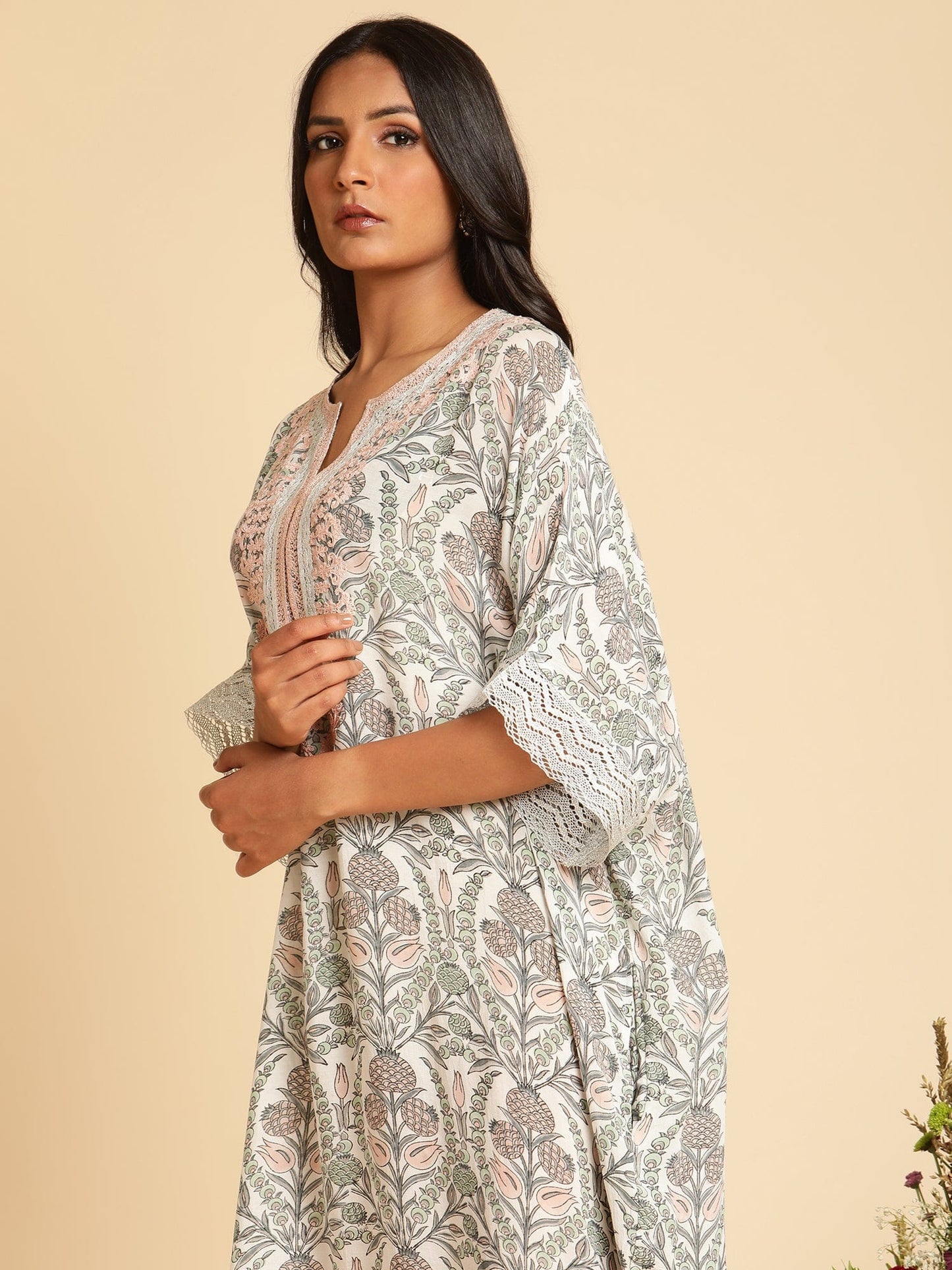Blush Pink Anaar Jaal Cotton Silk Hand Block Printed Kaftan