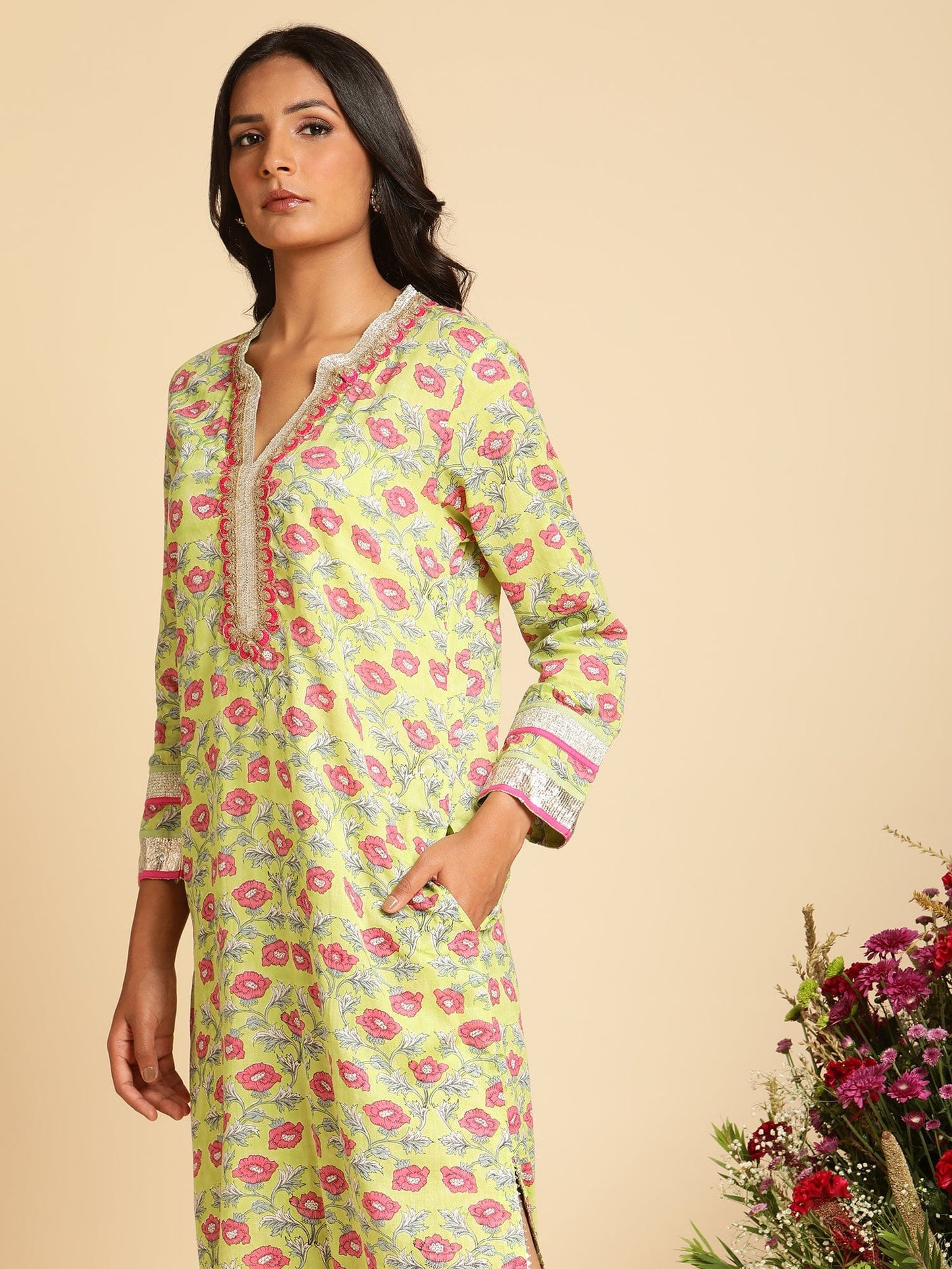 Lime Peony Organic Cotton Kaftan