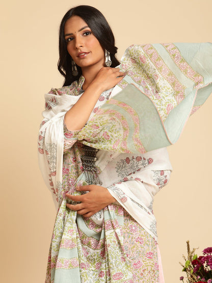 Pink Rose Jaal Lace Organic Cotton Hand Block Printed Kurta - (3 Pcs Set)