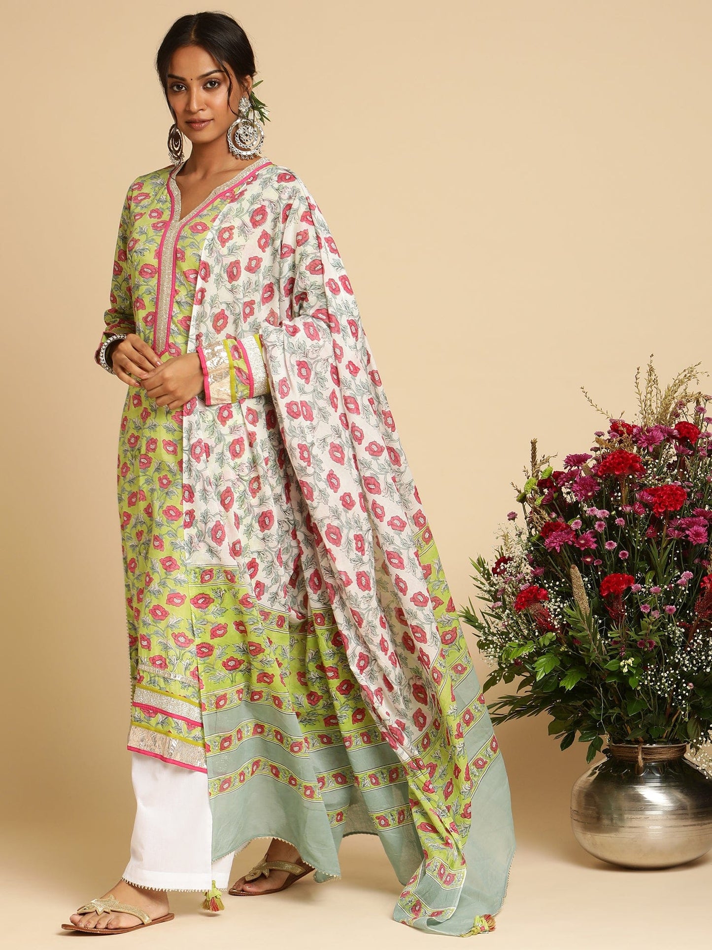 Lime Peony Organic Cotton Hand Block Printed Kurta - (3 Pcs Set)