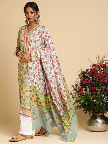 Lime Peony Organic Cotton Hand Block Printed Kurta - (3 Pcs Set)