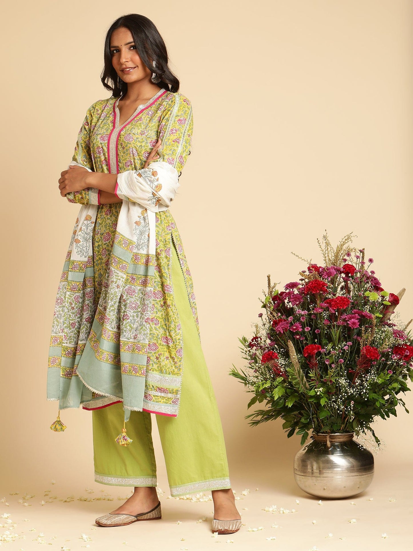 Yellow Rose Jaal Organic Cotton Hand Block Printed Kurta - (3 Pcs Set)