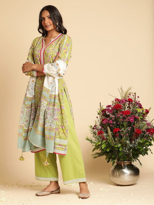 Yellow Rose Jaal Organic Cotton Hand Block Printed Kurta - (3 Pcs Set)