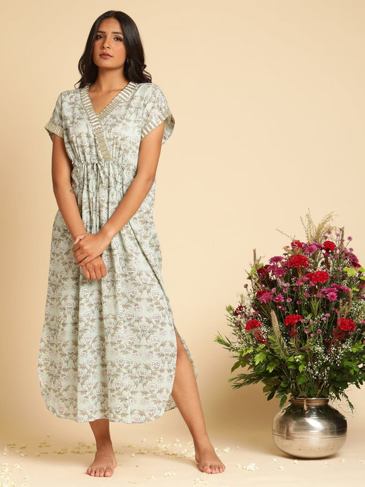 Aqua Peony Organic Cotton Kaftan