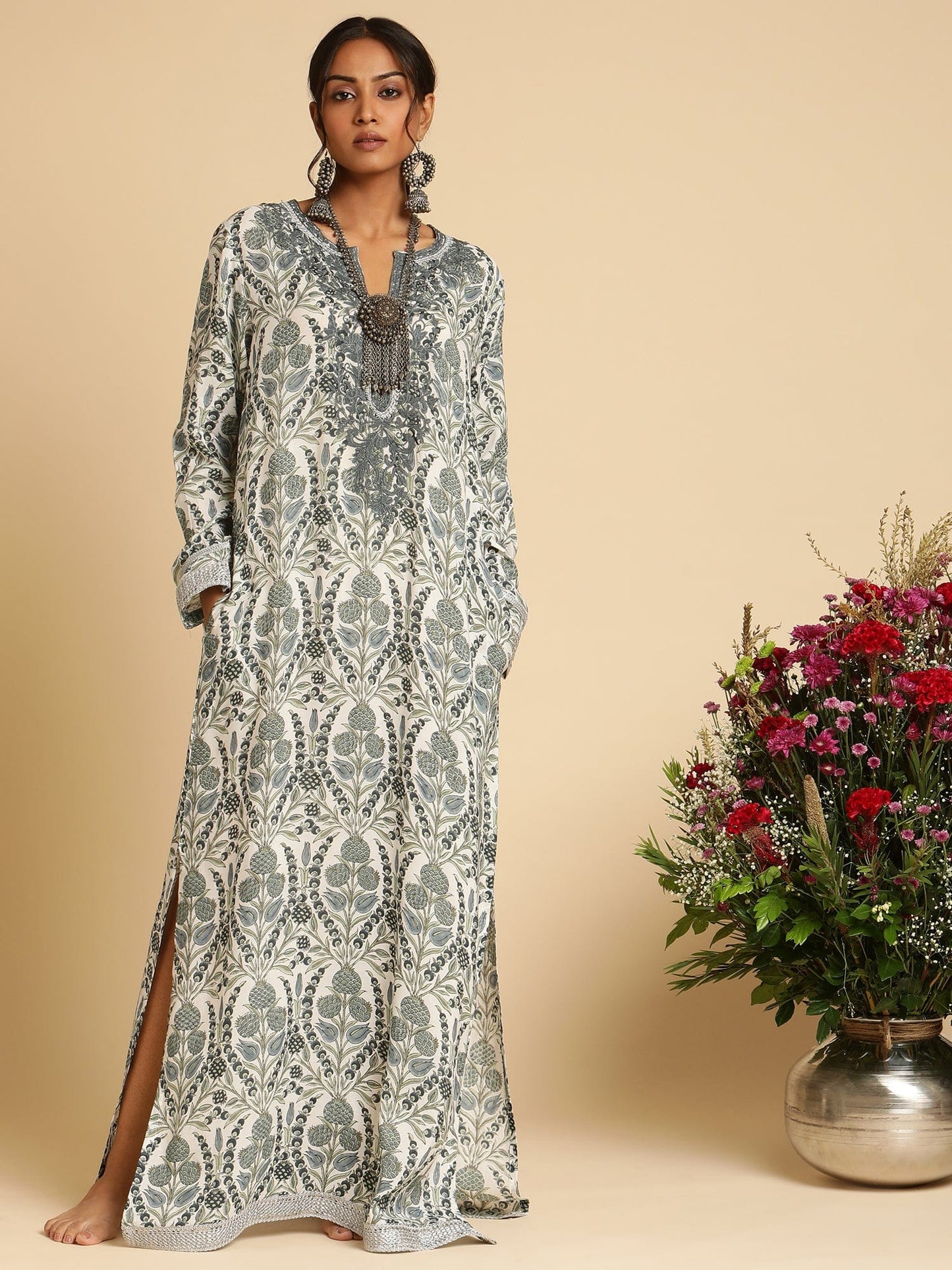 Indigo Blue Anaar Jaal Cotton Silk Hand Block Printed Kaftan
