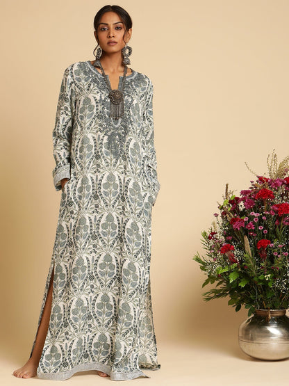 Indigo Blue Anaar Jaal Cotton Silk Hand Block Printed Kaftan
