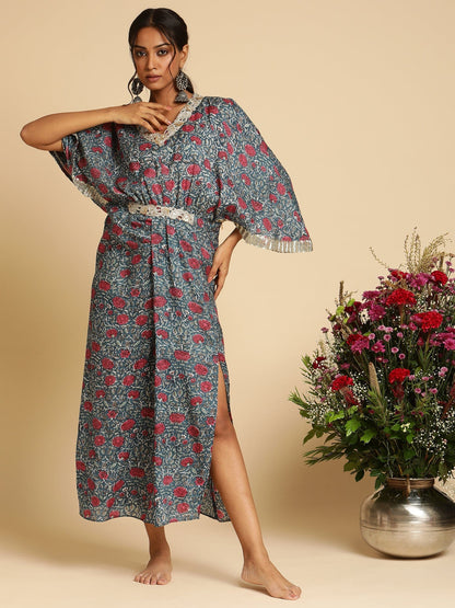 Indigo Blue Rose Jaal Cotton Silk Hand Block Printed Kaftan Dress