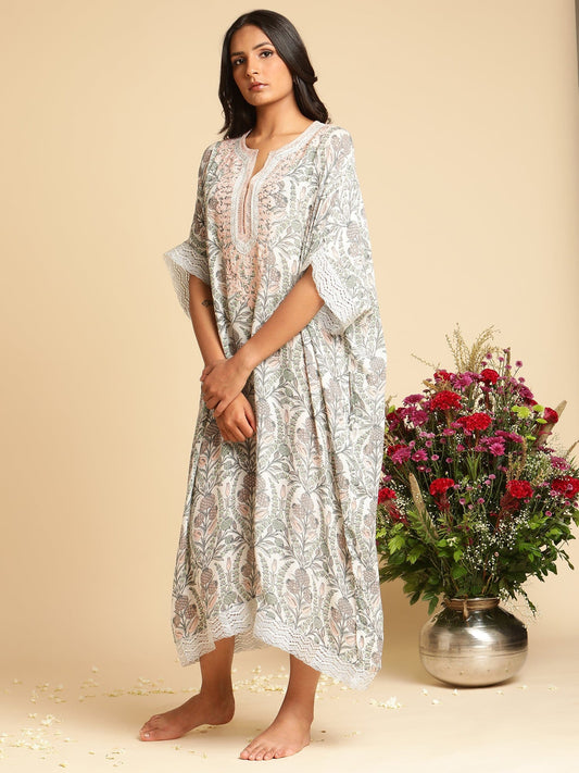 Blush Pink Anaar Jaal Cotton Silk Hand Block Printed Kaftan