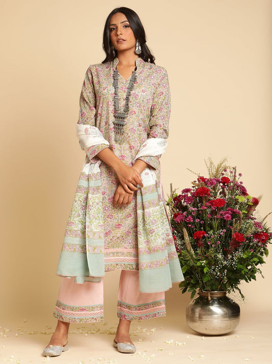 Pink Rose Jaal Lace Organic Cotton Hand Block Printed Kurta - (3 Pcs Set)