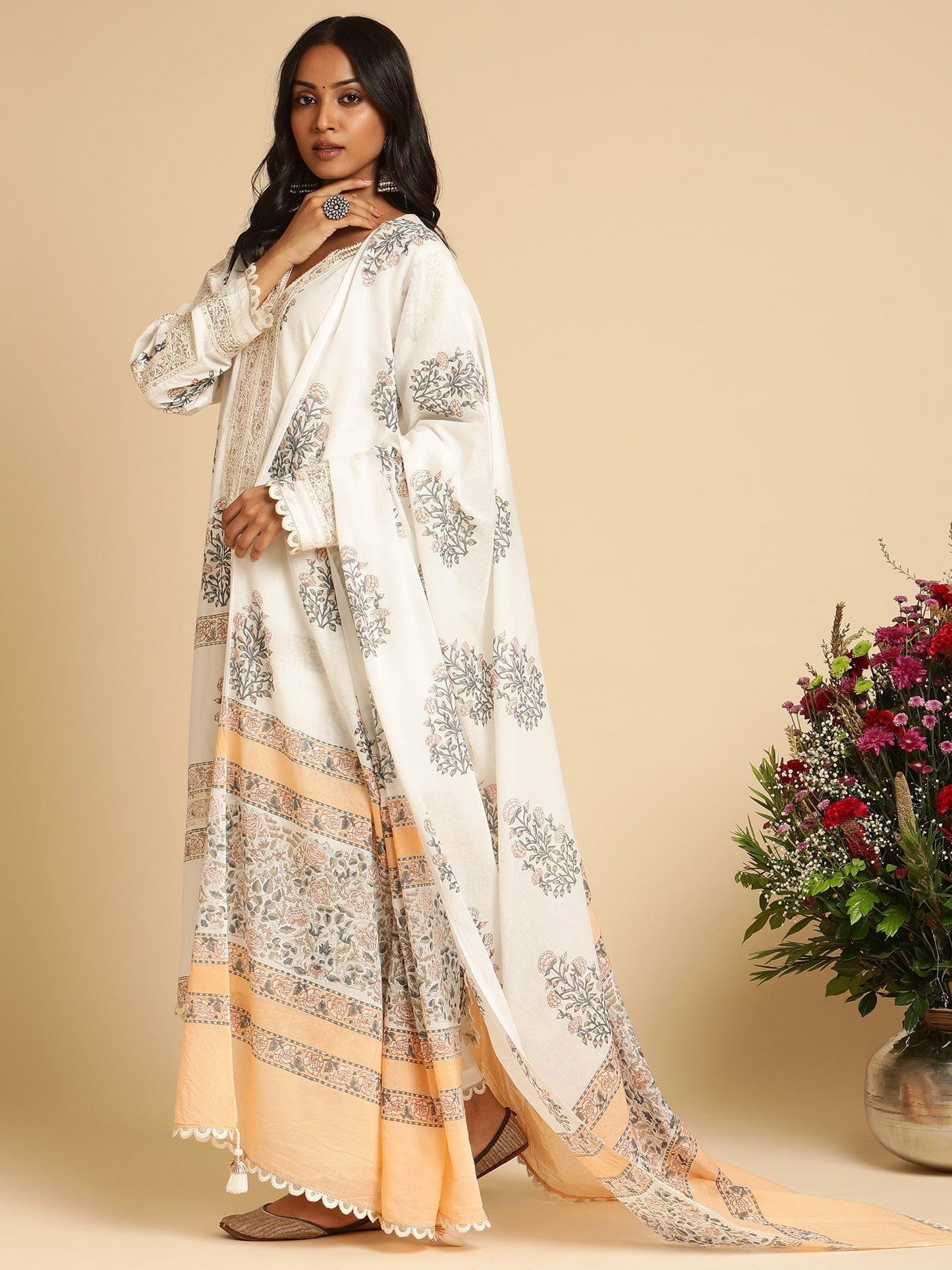 Peach Long Bootie Organic Cotton Hand Block Printed Kurta - (3 Pcs Set)