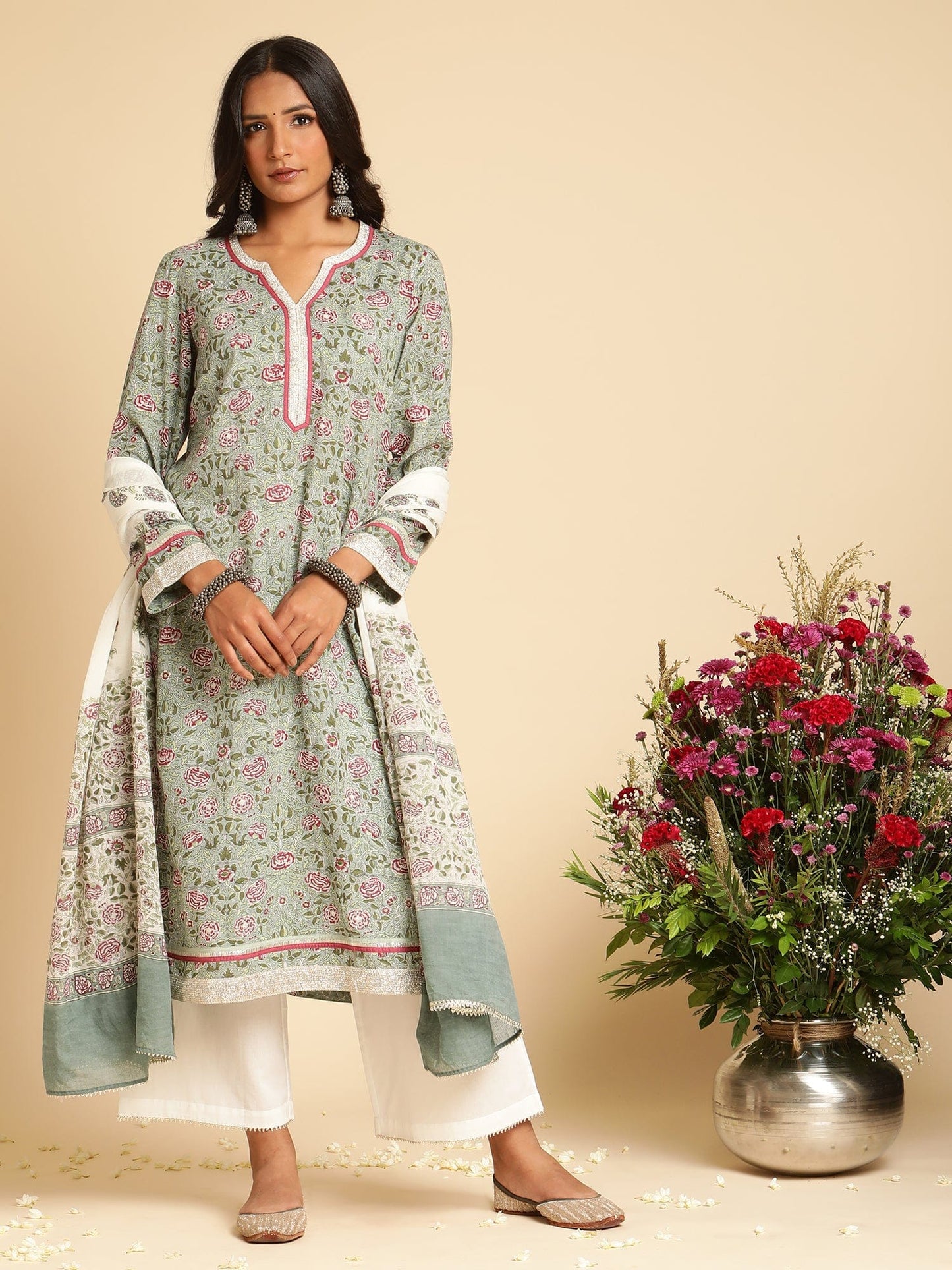 Slate Rose Jaal Organic Cotton Hand Block Printed Kurta - (3 Pcs Set)