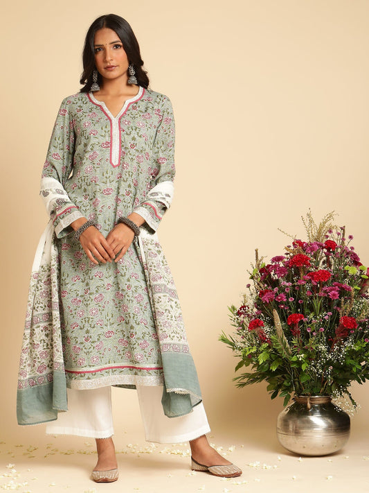 Slate Rose Jaal Organic Cotton Hand Block Printed Kurta - (3 Pcs Set)